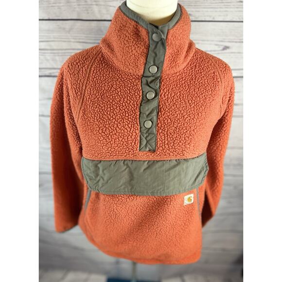 Carhartt Womens Relaxed Fit Fleece Pullover M Orange Snap Front Sherpa - Picture 2 of 9